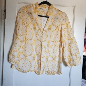 Miss Kelley White Button-Front Top with Yellow Eyelet Embroidery